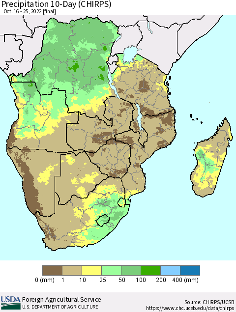 Southern Africa Precipitation 10-Day (CHIRPS) Thematic Map For 10/16/2022 - 10/25/2022