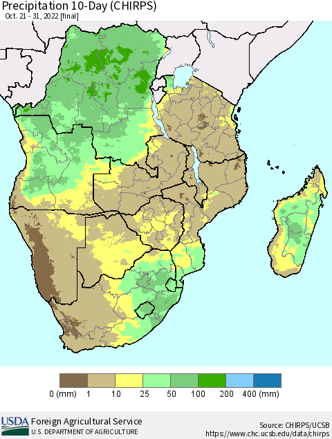 Southern Africa Precipitation 10-Day (CHIRPS) Thematic Map For 10/21/2022 - 10/31/2022