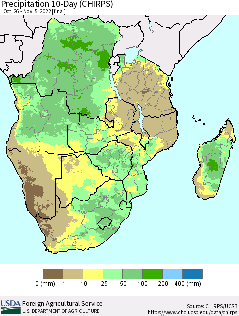 Southern Africa Precipitation 10-Day (CHIRPS) Thematic Map For 10/26/2022 - 11/5/2022