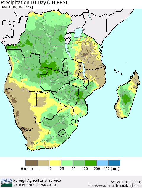 Southern Africa Precipitation 10-Day (CHIRPS) Thematic Map For 11/1/2022 - 11/10/2022