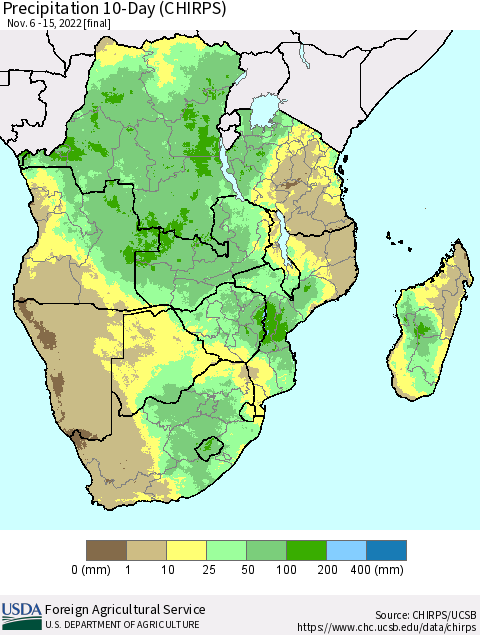 Southern Africa Precipitation 10-Day (CHIRPS) Thematic Map For 11/6/2022 - 11/15/2022