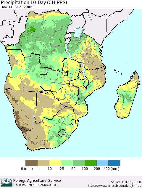 Southern Africa Precipitation 10-Day (CHIRPS) Thematic Map For 11/11/2022 - 11/20/2022
