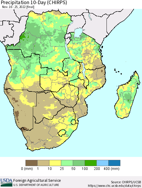 Southern Africa Precipitation 10-Day (CHIRPS) Thematic Map For 11/16/2022 - 11/25/2022