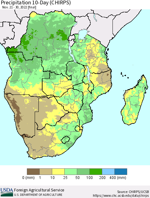 Southern Africa Precipitation 10-Day (CHIRPS) Thematic Map For 11/21/2022 - 11/30/2022