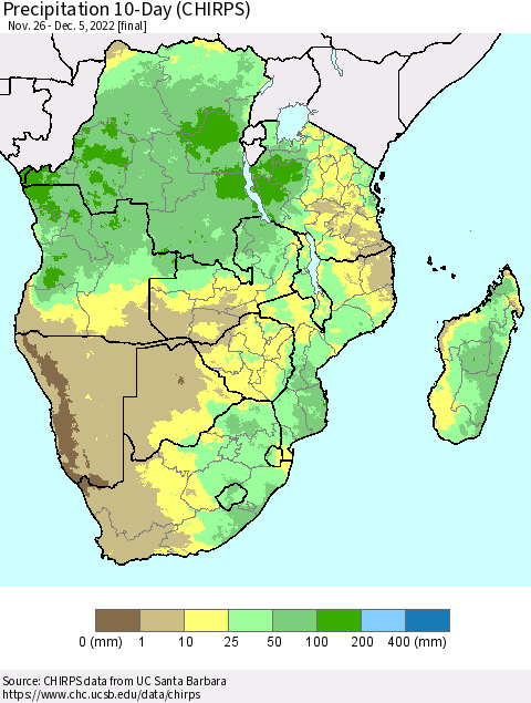 Southern Africa Precipitation 10-Day (CHIRPS) Thematic Map For 11/26/2022 - 12/5/2022