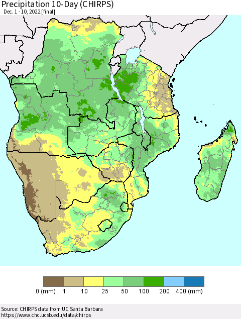 Southern Africa Precipitation 10-Day (CHIRPS) Thematic Map For 12/1/2022 - 12/10/2022