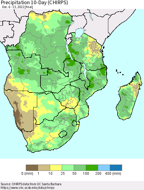Southern Africa Precipitation 10-Day (CHIRPS) Thematic Map For 12/6/2022 - 12/15/2022