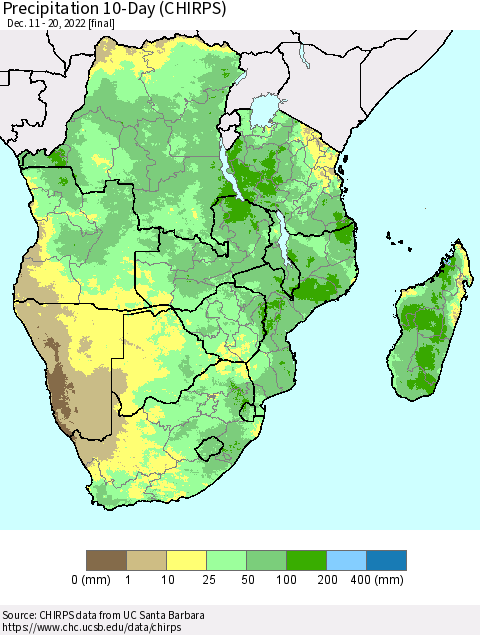 Southern Africa Precipitation 10-Day (CHIRPS) Thematic Map For 12/11/2022 - 12/20/2022