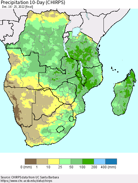 Southern Africa Precipitation 10-Day (CHIRPS) Thematic Map For 12/16/2022 - 12/25/2022