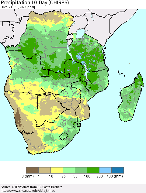 Southern Africa Precipitation 10-Day (CHIRPS) Thematic Map For 12/21/2022 - 12/31/2022