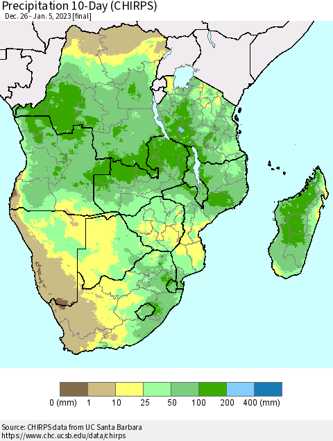 Southern Africa Precipitation 10-Day (CHIRPS) Thematic Map For 12/26/2022 - 1/5/2023