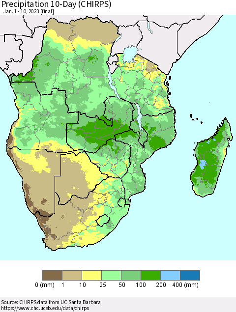 Southern Africa Precipitation 10-Day (CHIRPS) Thematic Map For 1/1/2023 - 1/10/2023