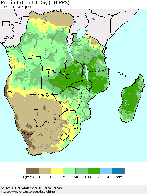 Southern Africa Precipitation 10-Day (CHIRPS) Thematic Map For 1/6/2023 - 1/15/2023