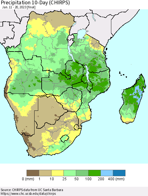 Southern Africa Precipitation 10-Day (CHIRPS) Thematic Map For 1/11/2023 - 1/20/2023