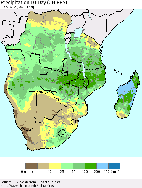 Southern Africa Precipitation 10-Day (CHIRPS) Thematic Map For 1/16/2023 - 1/25/2023