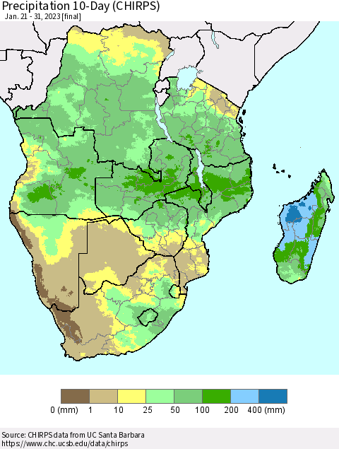 Southern Africa Precipitation 10-Day (CHIRPS) Thematic Map For 1/21/2023 - 1/31/2023