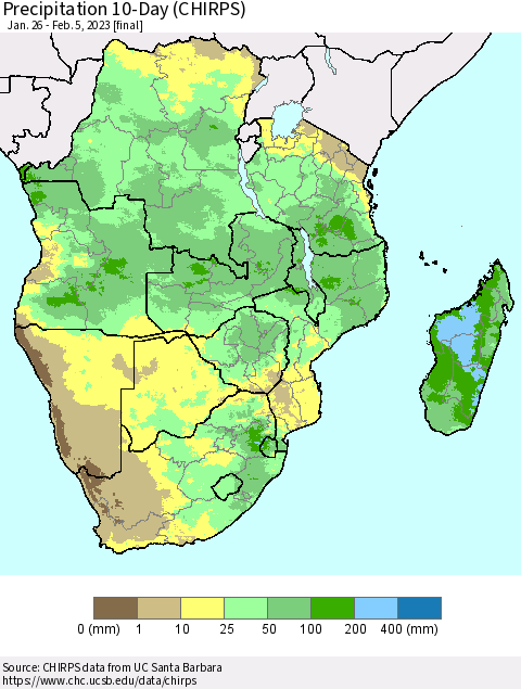 Southern Africa Precipitation 10-Day (CHIRPS) Thematic Map For 1/26/2023 - 2/5/2023