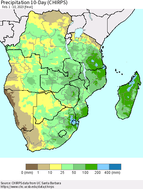 Southern Africa Precipitation 10-Day (CHIRPS) Thematic Map For 2/1/2023 - 2/10/2023