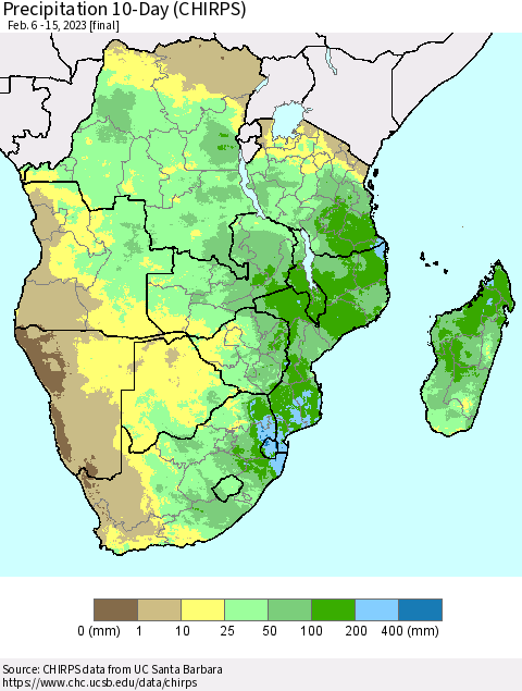 Southern Africa Precipitation 10-Day (CHIRPS) Thematic Map For 2/6/2023 - 2/15/2023