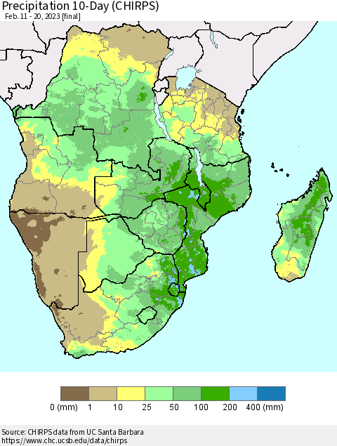 Southern Africa Precipitation 10-Day (CHIRPS) Thematic Map For 2/11/2023 - 2/20/2023