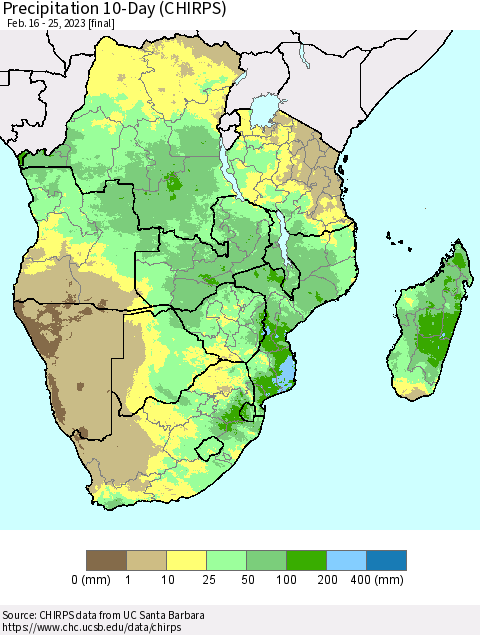 Southern Africa Precipitation 10-Day (CHIRPS) Thematic Map For 2/16/2023 - 2/25/2023