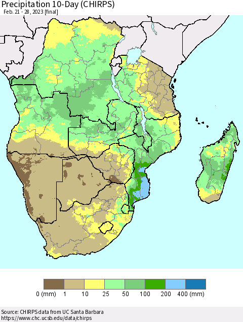 Southern Africa Precipitation 10-Day (CHIRPS) Thematic Map For 2/21/2023 - 2/28/2023