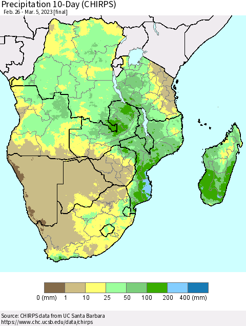 Southern Africa Precipitation 10-Day (CHIRPS) Thematic Map For 2/26/2023 - 3/5/2023