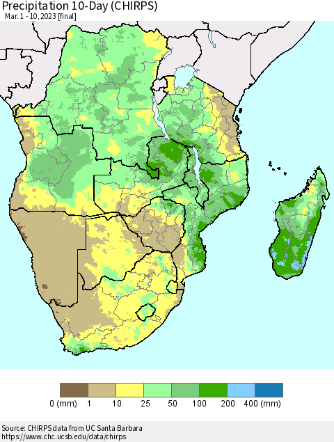 Southern Africa Precipitation 10-Day (CHIRPS) Thematic Map For 3/1/2023 - 3/10/2023