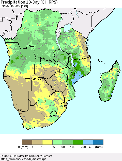 Southern Africa Precipitation 10-Day (CHIRPS) Thematic Map For 3/6/2023 - 3/15/2023