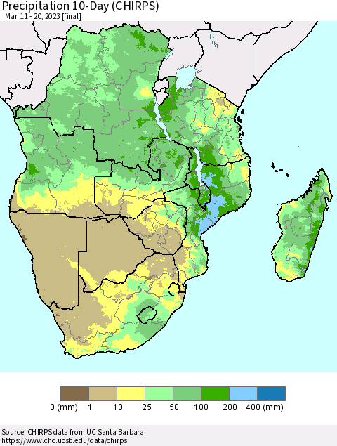 Southern Africa Precipitation 10-Day (CHIRPS) Thematic Map For 3/11/2023 - 3/20/2023