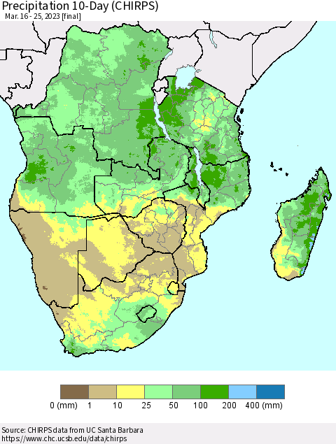 Southern Africa Precipitation 10-Day (CHIRPS) Thematic Map For 3/16/2023 - 3/25/2023