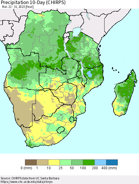 Southern Africa Precipitation 10-Day (CHIRPS) Thematic Map For 3/21/2023 - 3/31/2023