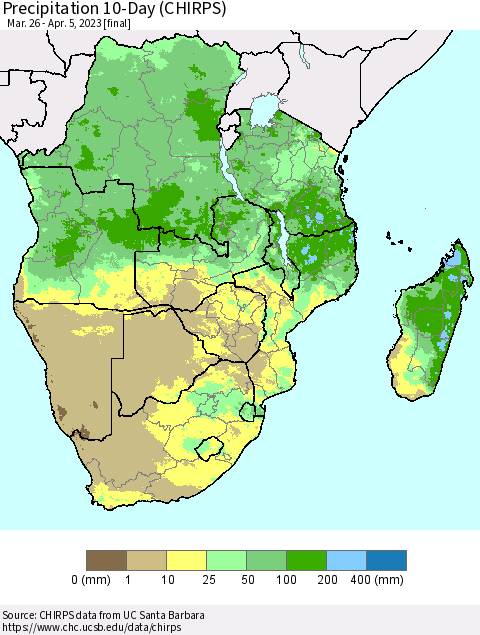 Southern Africa Precipitation 10-Day (CHIRPS) Thematic Map For 3/26/2023 - 4/5/2023