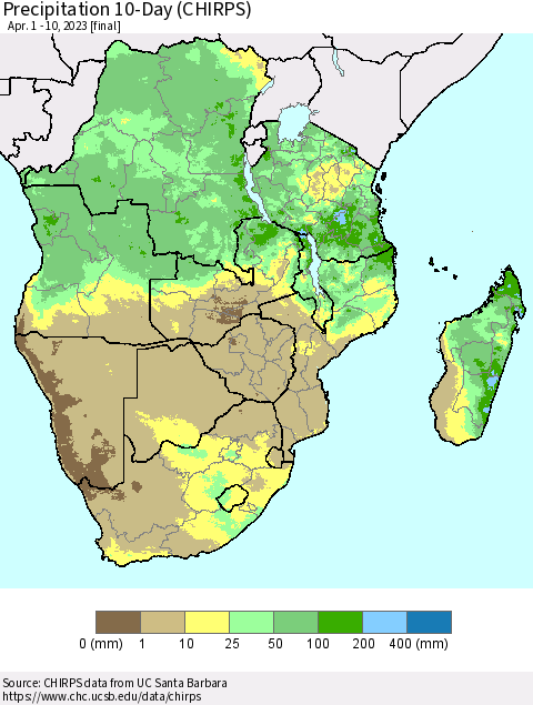 Southern Africa Precipitation 10-Day (CHIRPS) Thematic Map For 4/1/2023 - 4/10/2023