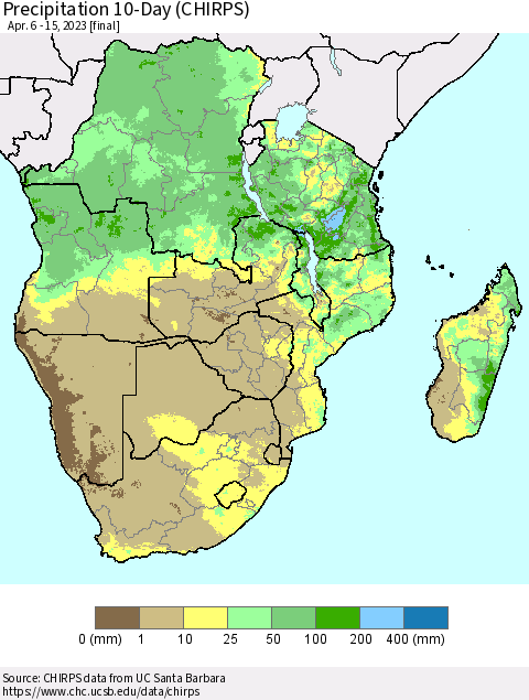 Southern Africa Precipitation 10-Day (CHIRPS) Thematic Map For 4/6/2023 - 4/15/2023