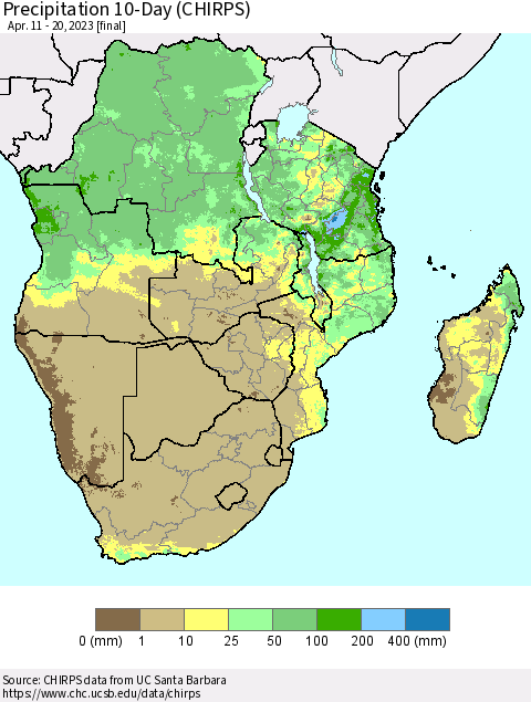 Southern Africa Precipitation 10-Day (CHIRPS) Thematic Map For 4/11/2023 - 4/20/2023