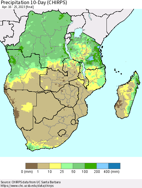 Southern Africa Precipitation 10-Day (CHIRPS) Thematic Map For 4/16/2023 - 4/25/2023