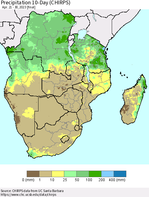 Southern Africa Precipitation 10-Day (CHIRPS) Thematic Map For 4/21/2023 - 4/30/2023