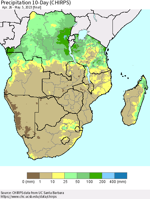 Southern Africa Precipitation 10-Day (CHIRPS) Thematic Map For 4/26/2023 - 5/5/2023
