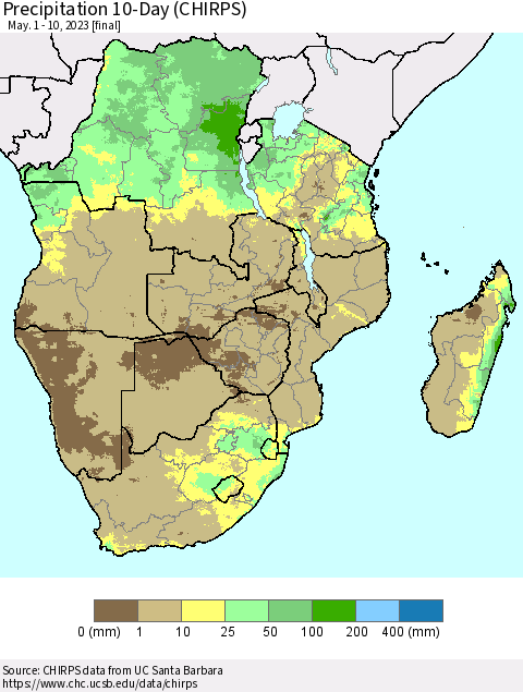 Southern Africa Precipitation 10-Day (CHIRPS) Thematic Map For 5/1/2023 - 5/10/2023
