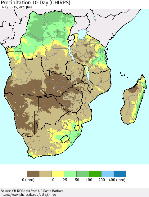 Southern Africa Precipitation 10-Day (CHIRPS) Thematic Map For 5/6/2023 - 5/15/2023