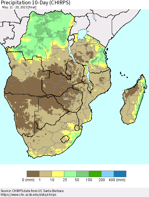 Southern Africa Precipitation 10-Day (CHIRPS) Thematic Map For 5/11/2023 - 5/20/2023