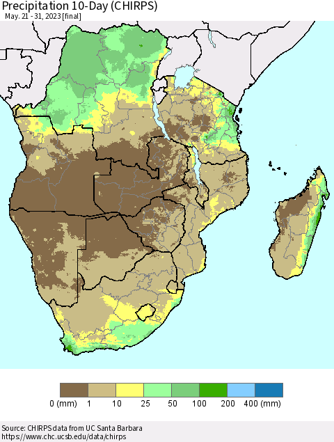 Southern Africa Precipitation 10-Day (CHIRPS) Thematic Map For 5/21/2023 - 5/31/2023