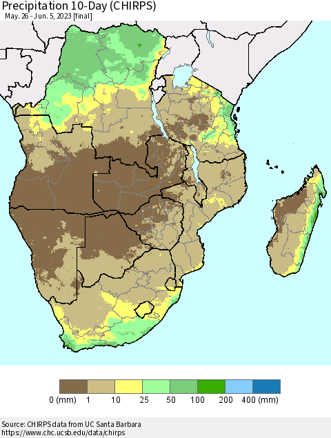 Southern Africa Precipitation 10-Day (CHIRPS) Thematic Map For 5/26/2023 - 6/5/2023