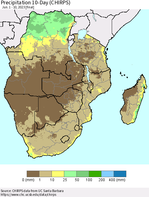 Southern Africa Precipitation 10-Day (CHIRPS) Thematic Map For 6/1/2023 - 6/10/2023