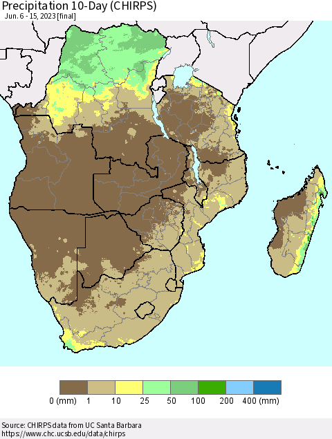 Southern Africa Precipitation 10-Day (CHIRPS) Thematic Map For 6/6/2023 - 6/15/2023
