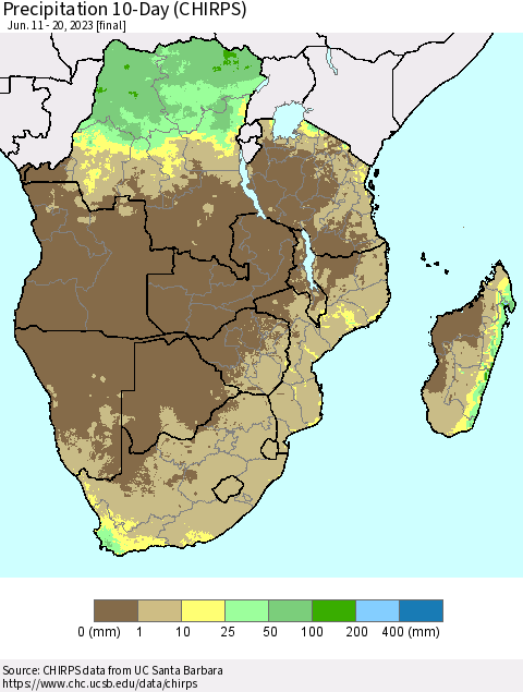 Southern Africa Precipitation 10-Day (CHIRPS) Thematic Map For 6/11/2023 - 6/20/2023