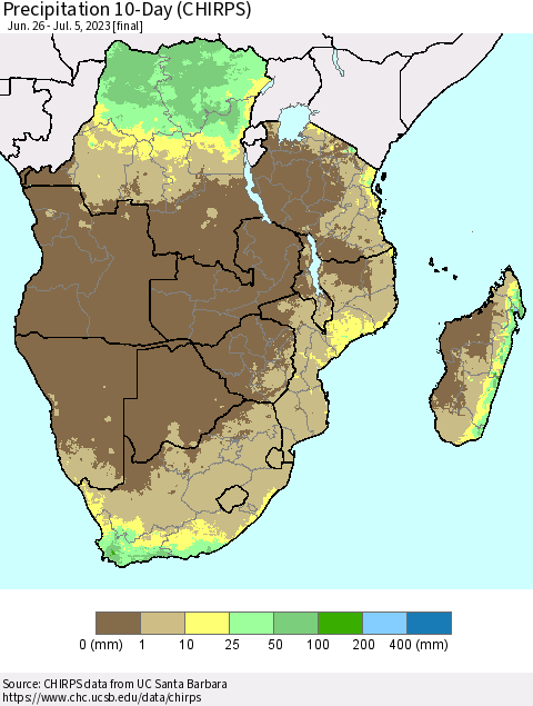 Southern Africa Precipitation 10-Day (CHIRPS) Thematic Map For 6/26/2023 - 7/5/2023