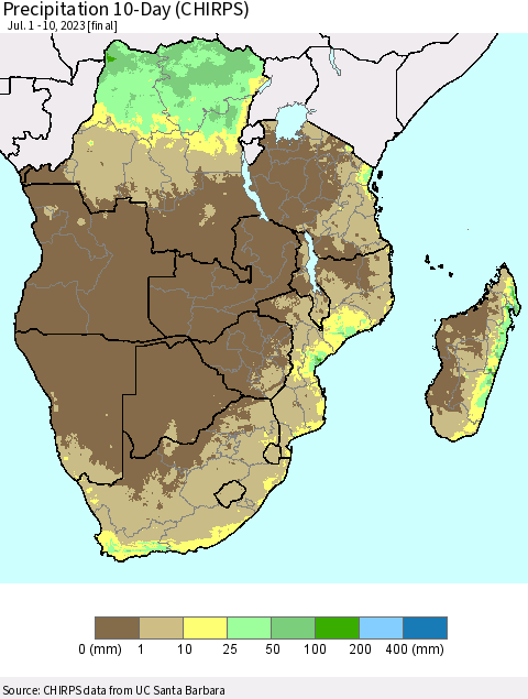 Southern Africa Precipitation 10-Day (CHIRPS) Thematic Map For 7/1/2023 - 7/10/2023