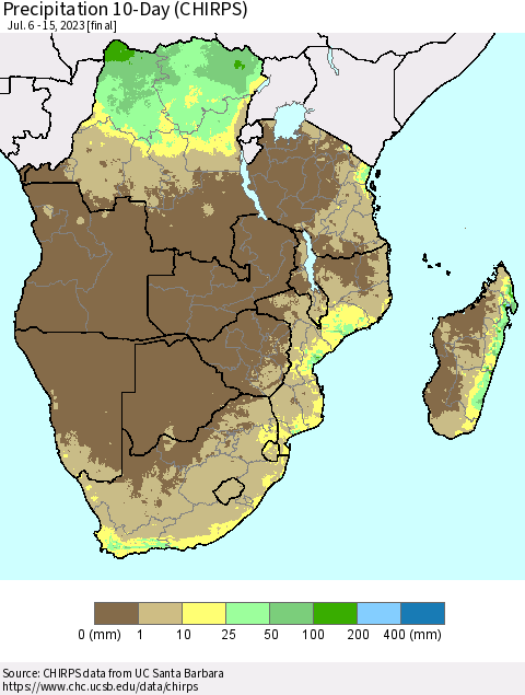 Southern Africa Precipitation 10-Day (CHIRPS) Thematic Map For 7/6/2023 - 7/15/2023